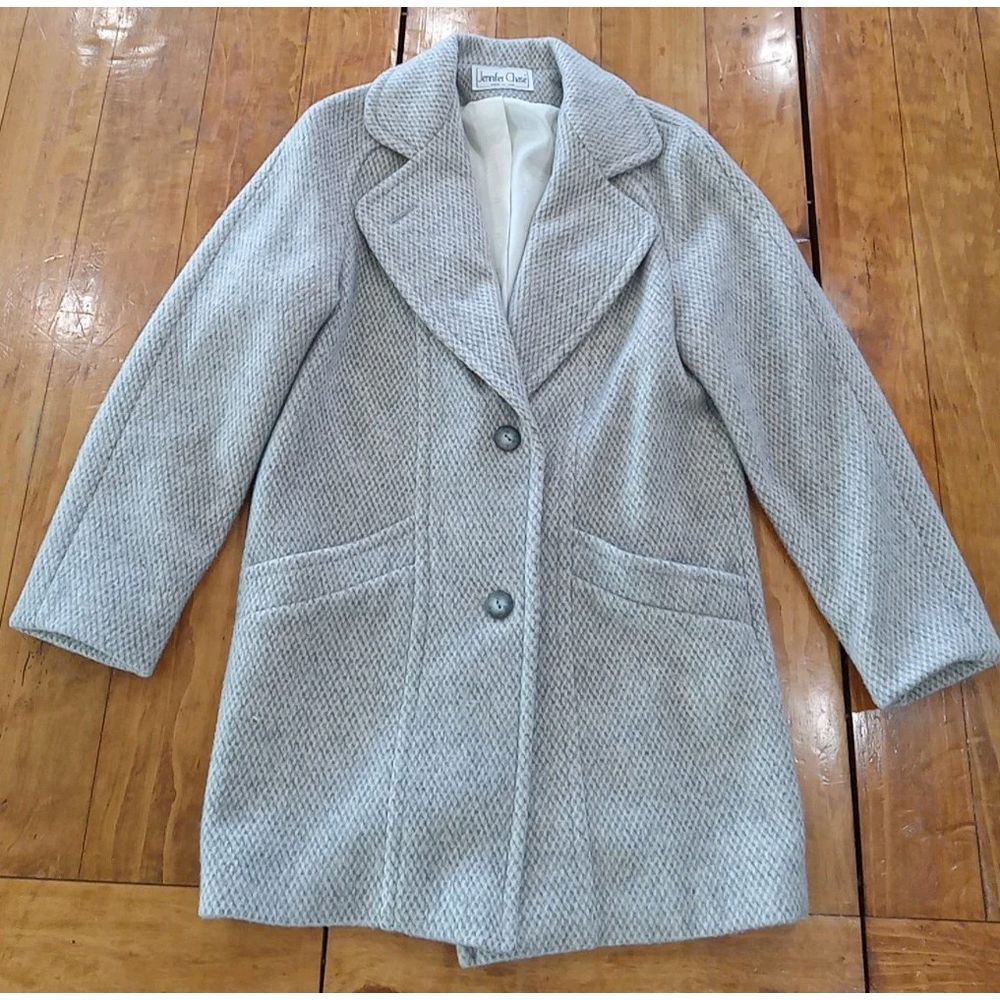 Jennifer Chase Long Herringbone Wool Pea Coat Dbl Breasted Velvet Collar Sz M ?